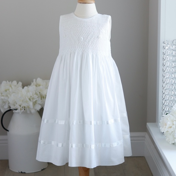 Strasburg Dress White Cotton Smocked Pearls Sleeveless Size 6/9 Months PERFECT - Picture 2 of 7